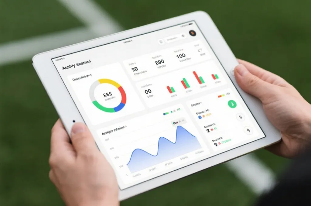 A clean, modern sports analytics dashboard on a tablet screen, displaying generic match statistics, charts, and team performance data, neutral and professional